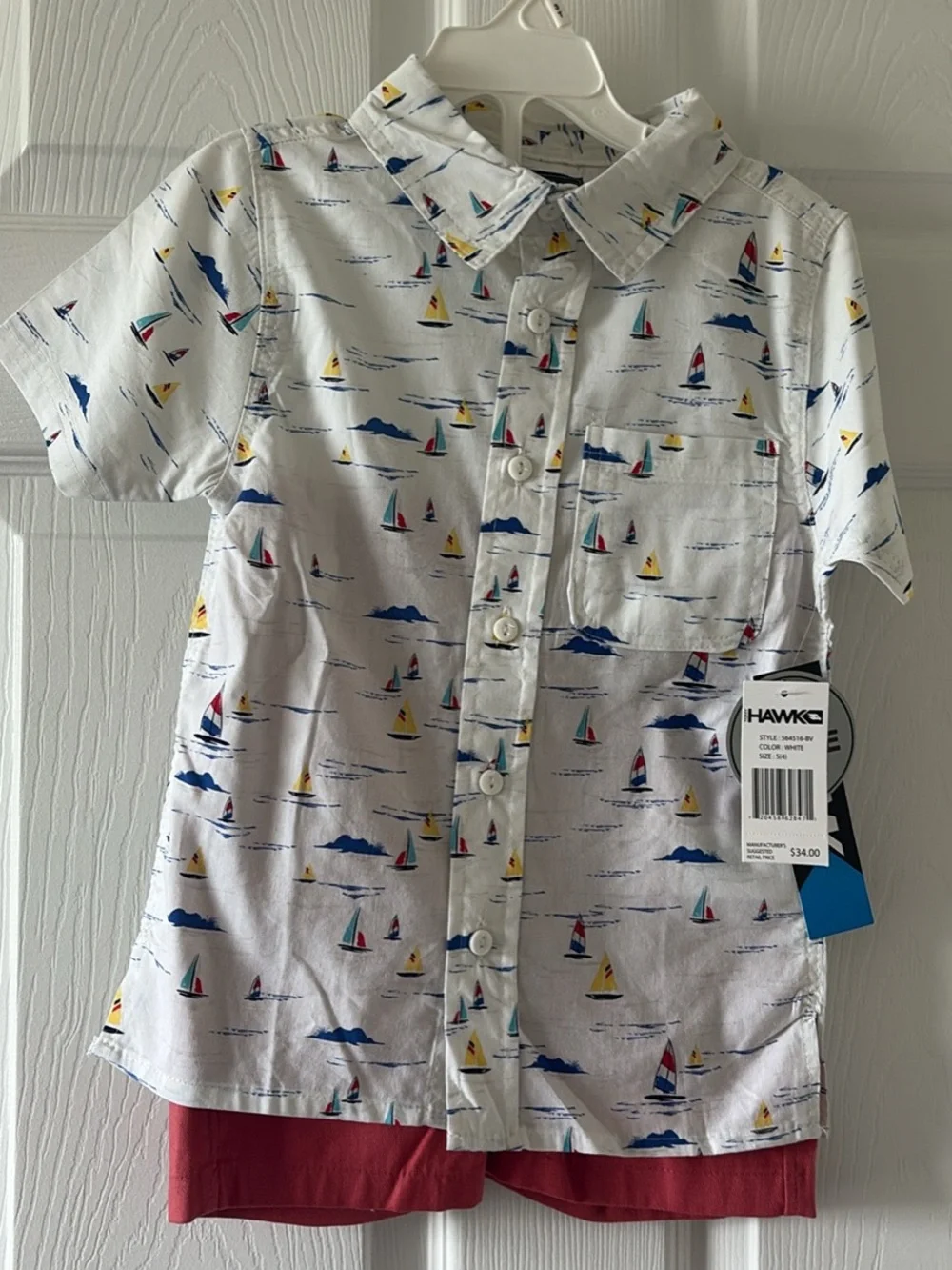 Hawk Anchor-Print Button Front Shirt — White with Navy, Yellow & Red Sails